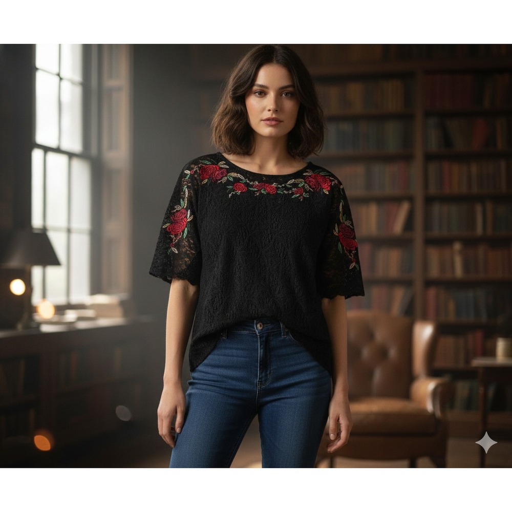 Lace Embroidered Rose Top Womens S Black Whimsigoth Sheer Oversized Elegant Goth